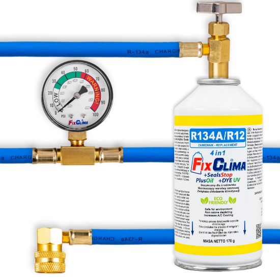Obrazek ZESTAW DO NAPEŁNIANIA KLIMATYZACJI AUT GAZ R134A CZYNNIK CHŁODNICZY 4W1 FIX