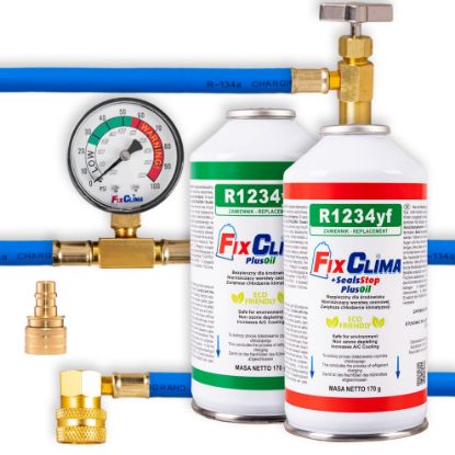 Obrazek Zestaw do klimatyzacji samochodowej gaz R1234YF + gaz R1234YF 3w1 z uszczelniaczem + adapter